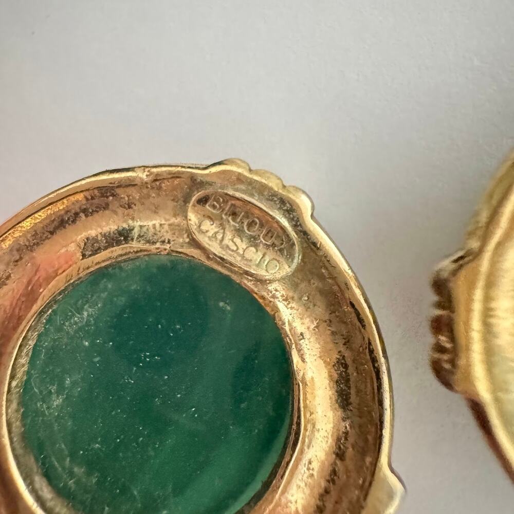 Vintage Bijoux Cascio Green Cabochon Gold Tone Clip-On Earrings Made in Italy - Picture 4 of 5